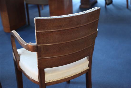 An Art Deco walnut dining room suite, table extended 7ft x 3ft x 2ft 6in.